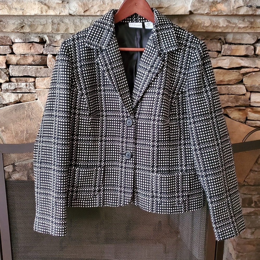 Kim Rogers  Black White Cuff 2 Button Checkered Blazer